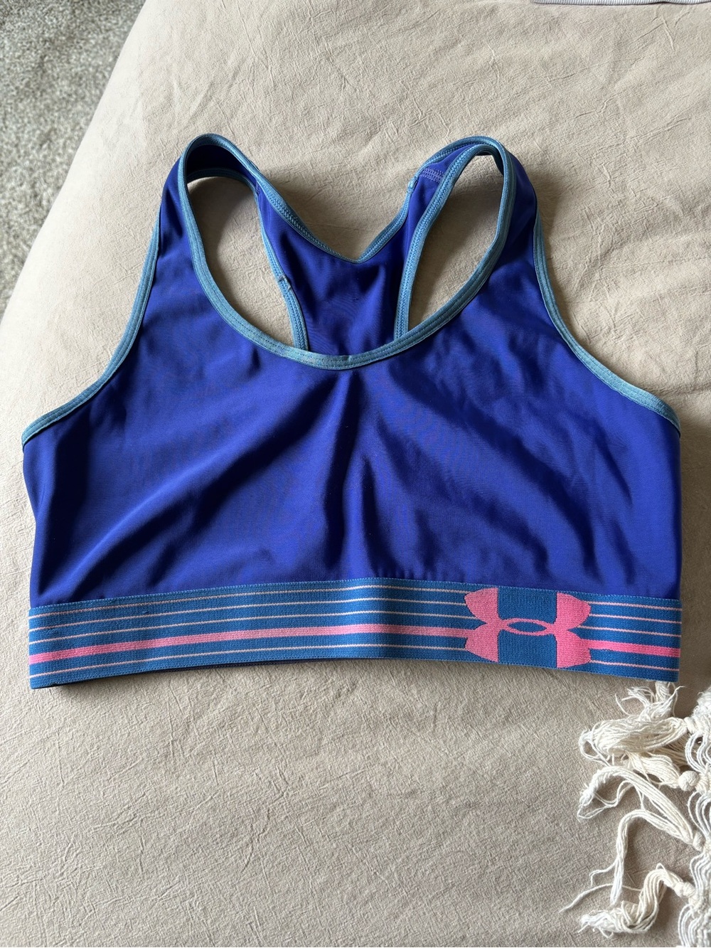 Under Armour Blue Racerback Sports Bra with Pink Logo Band Sz M